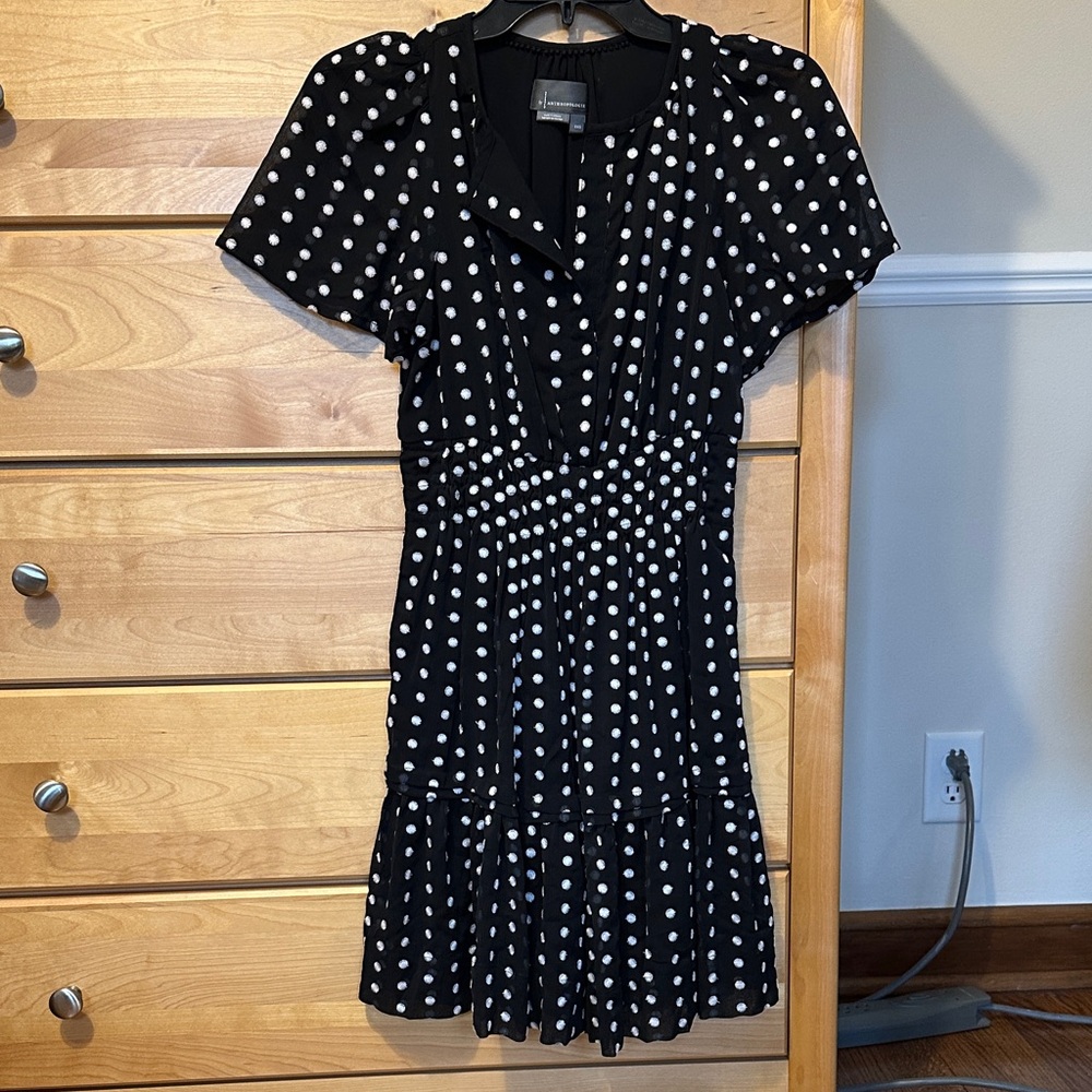 Anthropologie Somerset Black and White Polka Dot Tiered Mini Dress